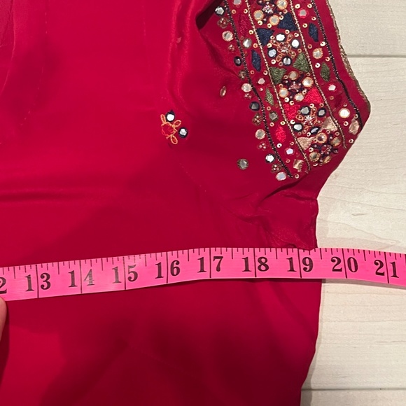 Women’s Indian 3 Piece Red Silk Sequin Top & Pants w Matching Wrap-Large - Picture 11 of 12